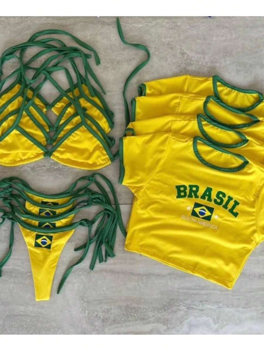 3-Piece Set With Bikini + Cropped Top, Brazil World Cup 2026 Basic Shirt With The Name Of Brazil. - 黃色 - 查看 1
