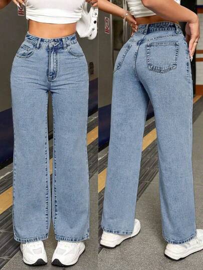 Pantalones vaqueros casuales de pierna ancha y corte holgado con bolsillos para mujeres, Jeans diarios simples de unicolor para mujer, Jesns holgados lavados para mujer