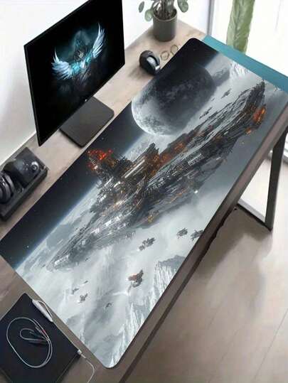 1 Piece Large Size Electronic Gaming Mouse Pad, Featuring Sci-Fi Spaceship And Planet Patterns, Non-Slip Washable Rubber Base, Ideal Gift For Gamers, Large Desk Mat, Modern Office Decor, Study Supplies, Technology Enthusiasts, Students