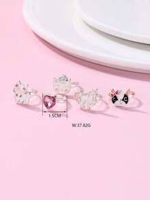 5pcs/Set Zinc Alloy Cat & Unicorn Pink Acrylic Heart Shaped Adjustable Rings, Suitable For Children Daily Wear - one-size - View 4