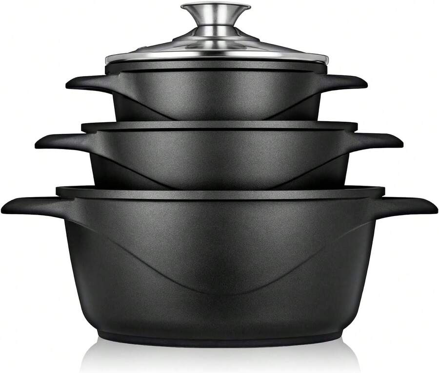 Batería de Cocina Inducción 6 Piezas, ✅ Envíos 24/48h✅, Aluminio Fundido, 3 Ollas con Tapa de Cristal Antiadherente, Briebe, MGK-18, 16-20-24 cm, Negro
