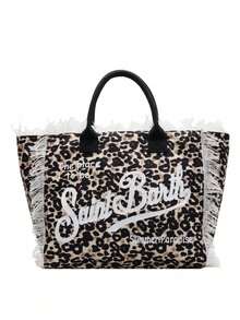 Minimalist Fashionable Canvas Striped Handbag, Shoulder Bag For Women, Large Capacity Casual Tote Bag With Leopard Print & Tassel, New Arrival - Khaki - View 2