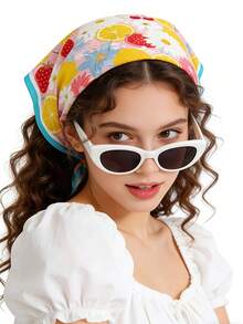 1 pieza Nuevo pañuelo de seda de 70 cm para mujer, estampado floral de limón, accesorio versátil, adecuado para uso diario en todas las estaciones - Multicolor - Ver 6