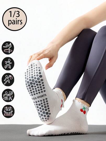 1/3 pares de calcetines de yoga Pilates blancos antideslizantes, calcetines deportivos con estampado de cereza a la moda, calcetines de yoga Pilates aeróbicos con silicona antideslizante, adecuados para principiantes de yoga, gimnasio, correr, deportes al aire libre, yoga en interiores, uso como regalo, para todas las estaciones
