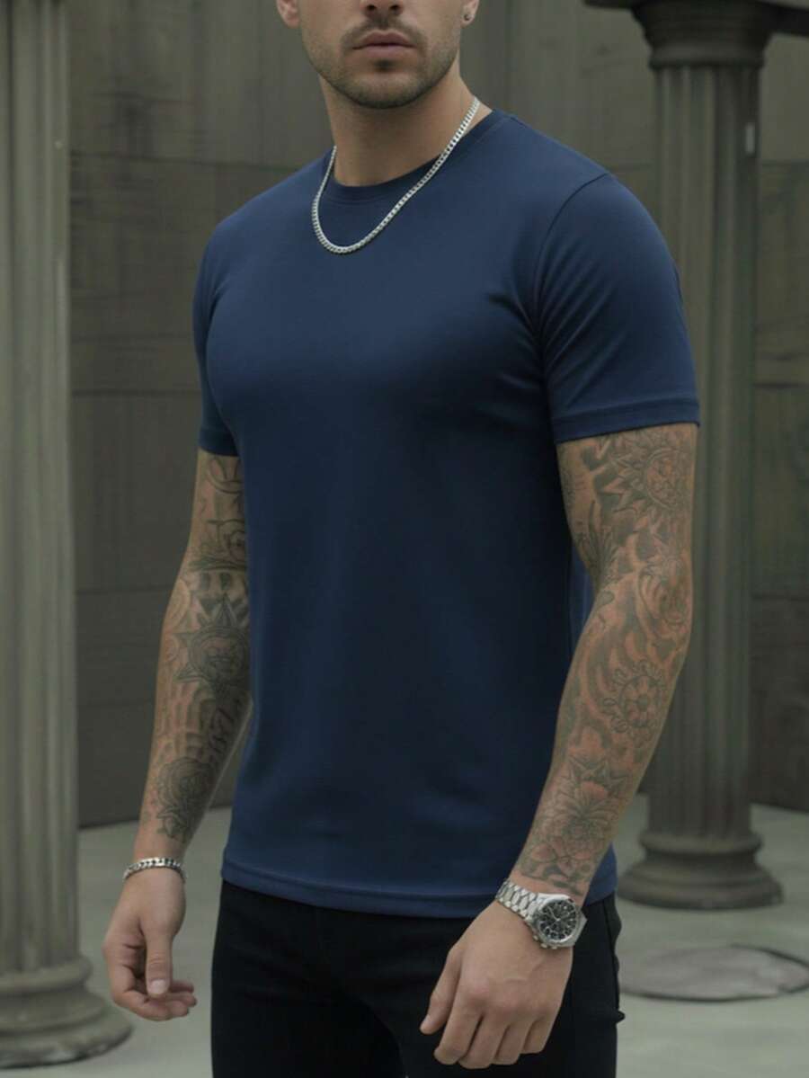 PLAYERA MANGA CORTA CUELLO REDONDO LISA - Azul Oscuro - Ver 1