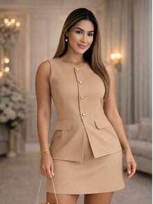 Women's Elegant Tailored Set, Vest, Shorts, Skirt - Beige - View 3