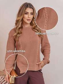 Blusa Feminina Tricot Inverno Trança Aberta na Lateral Suéter Feminino Tricô Manga Longa - Off - Visão 4