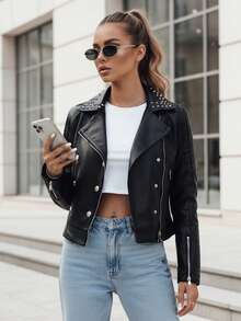 Slim-Fit-Motorradjacke für Damen, mit Reißverschluss, kurze Länge mit Taschen, ohne Kapuze, lässiger Streetstyle, ohne Thermoschicht. - Schwarz - Übersicht 1
