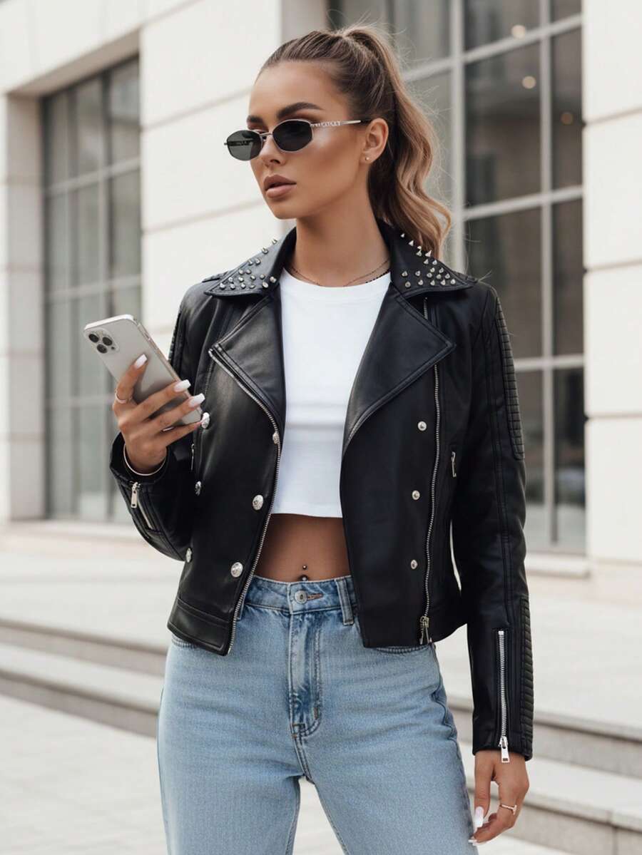 Slim-Fit-Motorradjacke für Damen, mit Reißverschluss, kurze Länge mit Taschen, ohne Kapuze, lässiger Streetstyle, ohne Thermoschicht. - Schwarz - Übersicht 1