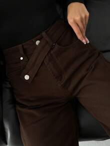 SQUALO Women's Wide Leg Color With Pocket Details Destroyed Retro Washed Street Style Jeans Ripped And Cutout Wide Leg Jeans - Coffee Brown - View 3