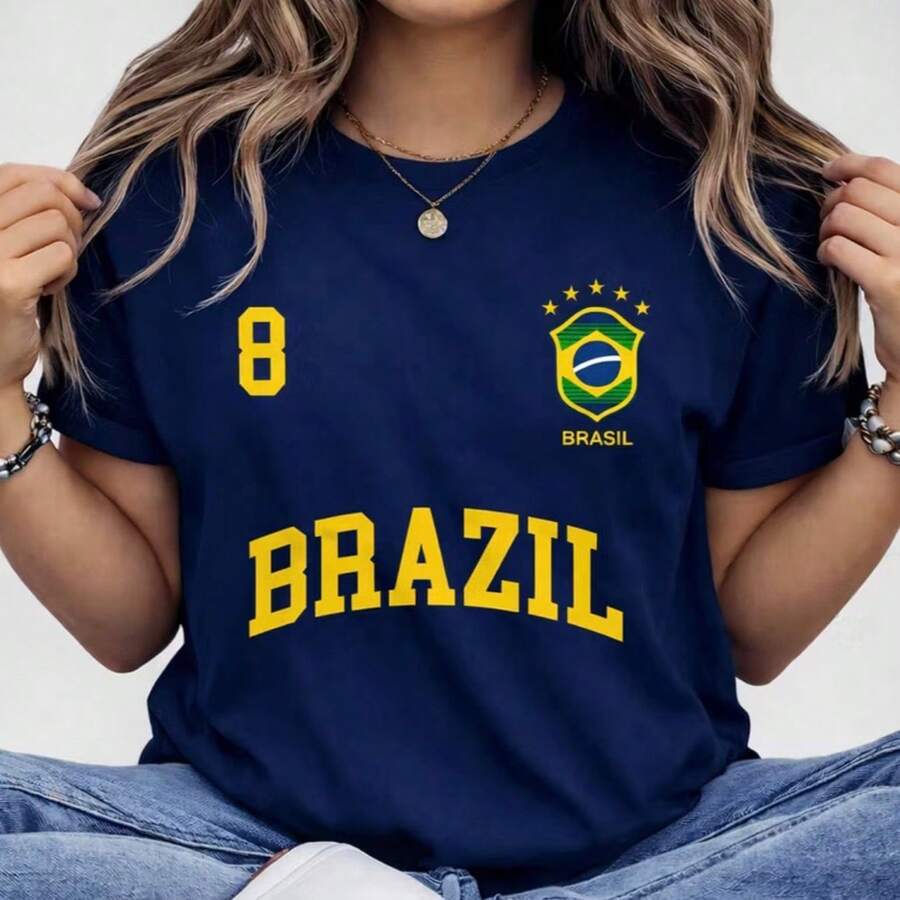 Women's Brazil Hexa T-Shirt Summer Short Sleeve Cotton - Màu xanh hải quân - Xem 1
