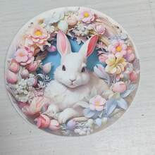 2D Décoration de Pâques en bois à suspendre (produit plat), conçue avec un lapin, une couronne et divers éléments floraux, formant une délicate décoration murale/de porte circulaire pour les fêtes de Pâques. - Multicolore - Voir 12