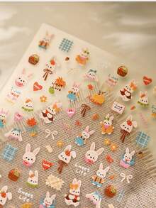 1件田园风刺绣兔子蝴蝶结可爱5D浮雕自粘美甲贴纸兔子胡萝卜南瓜美甲贴花 - 彩色 - 查看 9