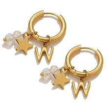 一对低过敏性不锈钢耳环，A-Z 个性化字母星形水晶吊坠耳环，防水不褪色耳饰，女士日常礼物 - 金色 - 查看 11