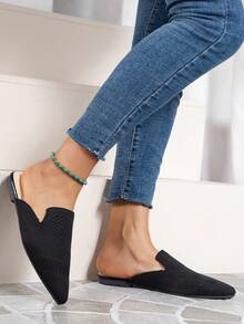 度假风网面透气穆勒鞋，尖头套脚设计，节日派对氛围，成熟时尚休闲通勤鞋，复古中国风鞋款 - 黑色 - 查看 4