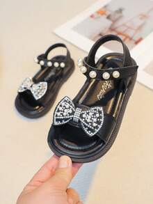 1 Pair 2026 New Black Fashion Pearl Bow Flat Sandals, Girls Stylish Casual Sports Versatile Non-Slip Soft Bottom Summer Toddler Sandals - Black - View 5