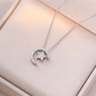 钛钢镀金立方氧化锆星月项链，奢华优雅珠宝，适合婚礼、送给爱人的礼物、日常搭配