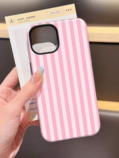 GIIPPA 1pc Glossy Pink Striped Pattern 2-In-1 Protective Phone Case, Compatible With Samsung/Compatible With IPhone 11/12/13/14/15/16/17 Pro Max