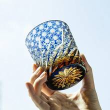 1个吉祥云纹雕刻水晶玻璃杯，手工威士忌酒杯，个性化创意小众酒杯，250毫升，红/蓝 - 藍色 - 查看 2