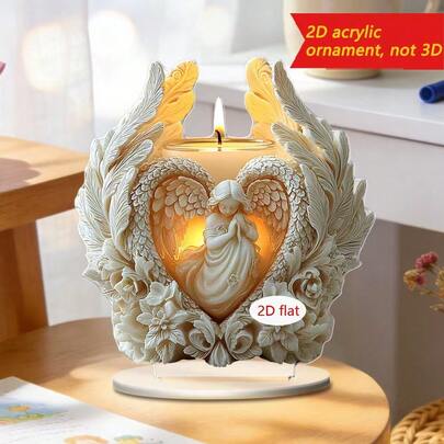 2D Printed Acrylic Angel Heart Desktop Decor, Delicate Relief Texture Angel Wings And Halo Design, Home Decoration