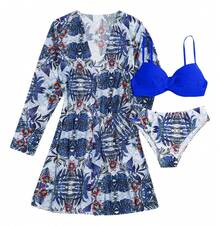 3-Piece Bikini Swimsuit Set With Positioning Print, Beachwear And Women's Vacation Fashion - 藍色1 - 查看 4