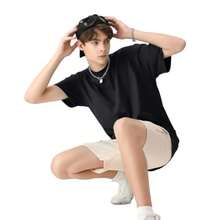 Men's Cotton T-Shirts Oversized Unisex Short Sleeve Crew Neck Loose Basic Tops Solid Athletic Tee - Hitam - View 3