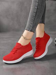 Women's Pure White Slip-On Knit Sneakers, Casual Breathable Dance Shoes - Red - View 5