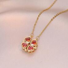 Titanium Steel Gold Zirconia Four-Leaf Flower Necklace + Earrings Set, Luxury Elegant Jewelry For Christmas, New Year, Weddings, Gifts, And Daily Wear - Multicolor - View 7