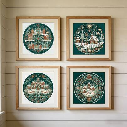 1 Set - Nordic Folk Art Winter Village & Christmas Mandala Cross Stitch Kit (No Frame), DIY Needlework Art Materials, 11CT Cross Stitch Decorative Painting, Creative Handmade Gift. Full Set Home Decor Printed Cross Stitch Craft, Suitable For Home Decor Knitting Art. Frame Not Included