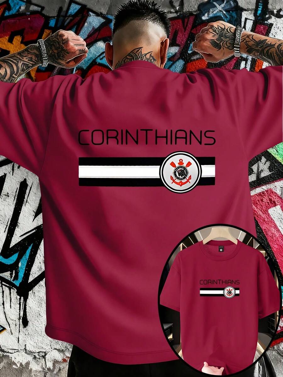Men's Short-Sleeve Crew Neck Team T-Shirt, Casual, Comfortable Fabric, Loose Fit, Suitable For Daily Wear And Themed Events, Fitness Sportswear - 紅色 - 查看 1