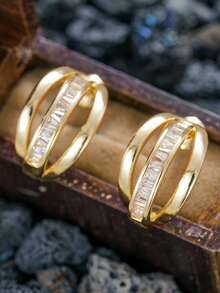 1 Pair Women's Charming Cubic Zirconia Hoop Earrings, Suitable For Wedding, Engagement, Anniversary, Party Wear, Valentine's Day Gift - Yellow Gold - View 5