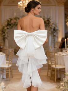 Satin & Tulle Detachable Big Bow Waist Sash, Suitable For Wedding Dress, Bridal Photoshoot, Party, Ball Gown, Costume, Available In White, Pink, Black - Multicolor - View 1