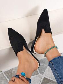 度假风网面透气穆勒鞋，尖头套脚设计，节日派对氛围，成熟时尚休闲通勤鞋，复古中国风鞋款 - 黑色 - 查看 2