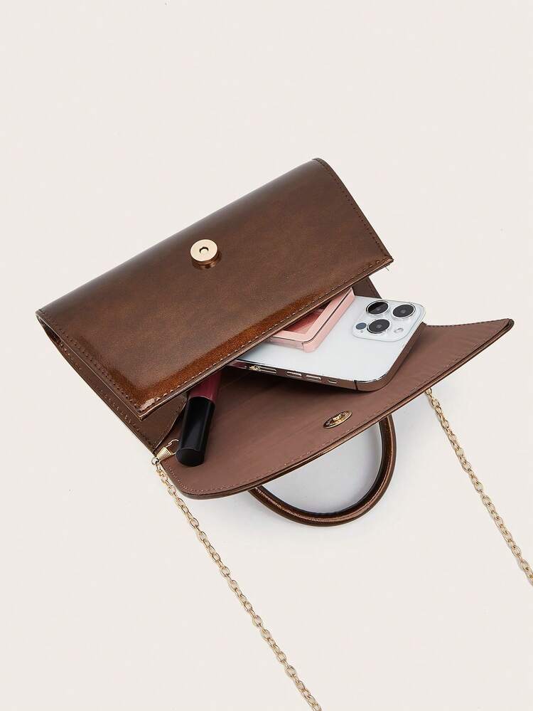 Fashionable Commuter Portable PU Square Handbag, Minimalist Solid Color Handbag With Flap Cover, Versatile Textured Shoulder Bag Suitable For Girls, Ladies, College Students, Office Workers, Applicable For Party, Prom, Wedding - Bronze - View 7