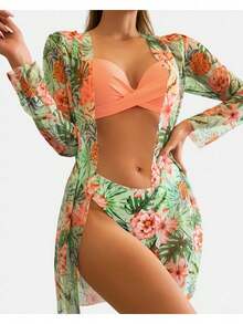 3-Piece Bikini Swimsuit Set With Positioning Print, Beachwear And Women's Vacation Fashion - Naranja 1 - Ver 5