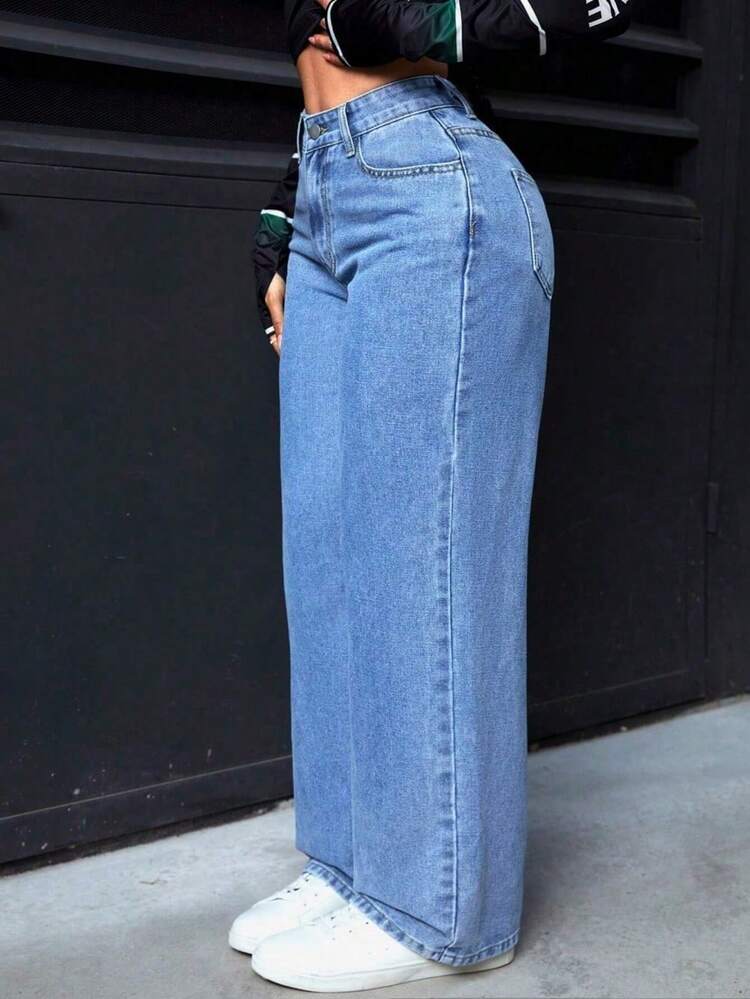 CHILAM Pantalones vaqueros casuales de pierna ancha y corte holgado con bolsillos para mujeres, Jeans diarios simples de unicolor para mujer, Jesns holgados lavados para mujer - Azul lavado medio - Añade 4