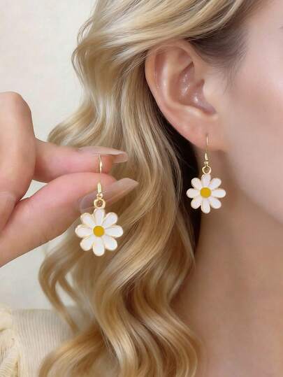 1 par de pendientes con colgante de margarita fresca, ganchos de pendientes de acero inoxidable 304 que evitan la decoloración y el óxido, adecuados para la decoración diaria y festiva de las mujeres