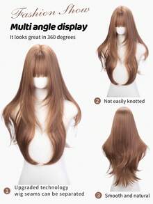 1pc Black Heat-Resistant Straight Synthetic Wig, Fiber Material, Suitable For Daily Wear, Natural & Realistic - Gold - View 4