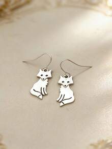 1 Pair Retro Cute Fox Design Pendant Earrings, Suitable For Women's Casual Daily Wear, Animal Lovers, Versatile Jewelry Gift - Antique Silver - View 3