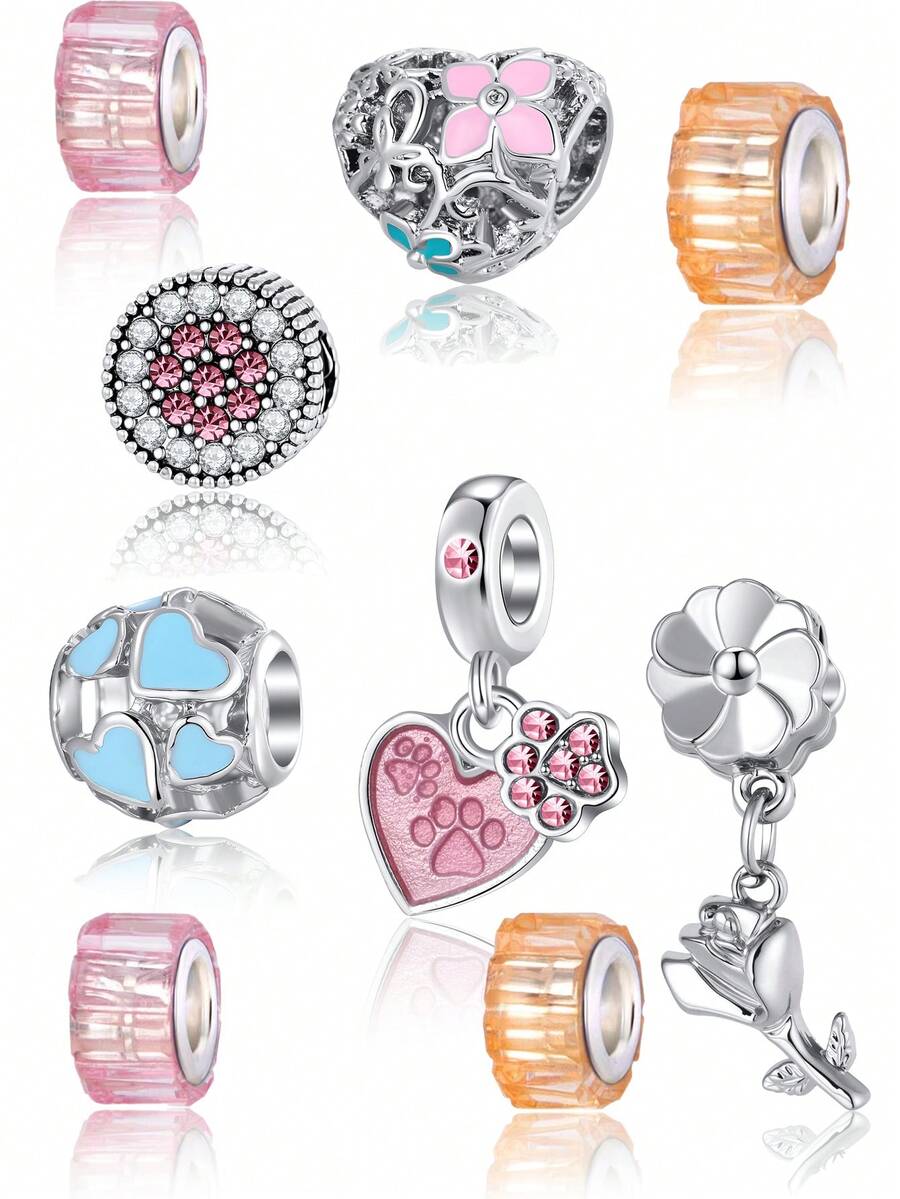 9pcs Blue & Pink Hollow Heart Flower Orange & Pink Resin Pendant Charms, Fashion DIY Jewelry Accessories Gift - Multicolor - View 1