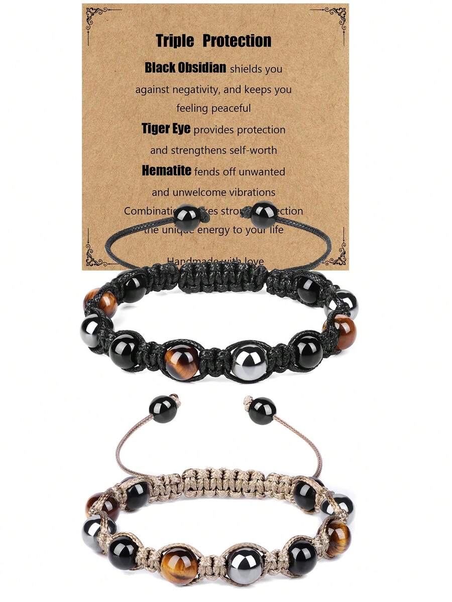 1PC Triple Protection Bracelet, Tigers Eye Black Obsidian And Hematite Beads Bracelet For Men Women,Handmade Crystal Healing Bracelets Bring Luck And Prosperity And Happiness - 1PC - View 1