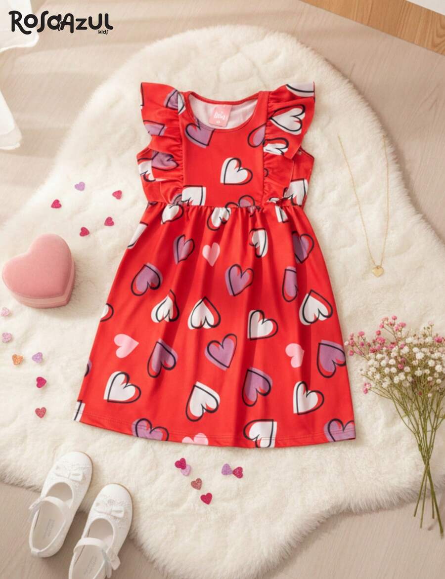 Girls' Dress With Heart Ruffles - Red - View 1
