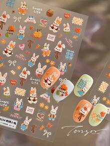 1件田园风刺绣兔子蝴蝶结可爱5D浮雕自粘美甲贴纸兔子胡萝卜南瓜美甲贴花 - 彩色 - 查看 3