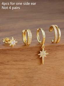 4件套精美闪亮星星锆石耳环套装，女士18K镀金耳钉耳骨穿孔饰品 - 金6# - 查看 2