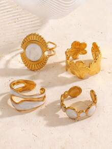 4pcs/Set Stainless Steel White Enamel Geometric Circular Flower Ring Set, Suitable For Women's Daily Wear - Multicolor - View 5
