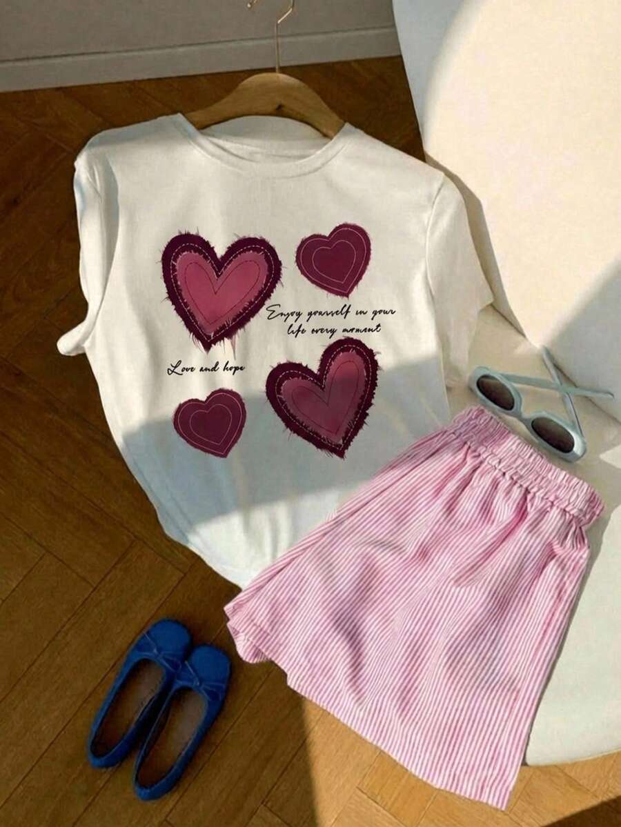 2pcs Conjunto dos piezas de ropa de mujer de verano parte superior estampado corazones color rosa manga corta y shorts a rayas ajustables sin bolsa, ropa de ocio y vacaciones de playa - Blanco - Ver 1