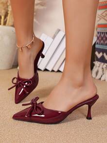 性感女士小猫跟高跟鞋，尖头蝴蝶结漆皮细高跟红色婚鞋伴娘穆勒鞋百搭优雅露跟凉鞋 - 酒紅色 - 查看 3