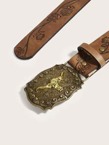 1条女士复古牛头扣腰带，经典雕刻PU皮革时尚配饰，西部风格日常腰带 - 棕色 - 查看 4