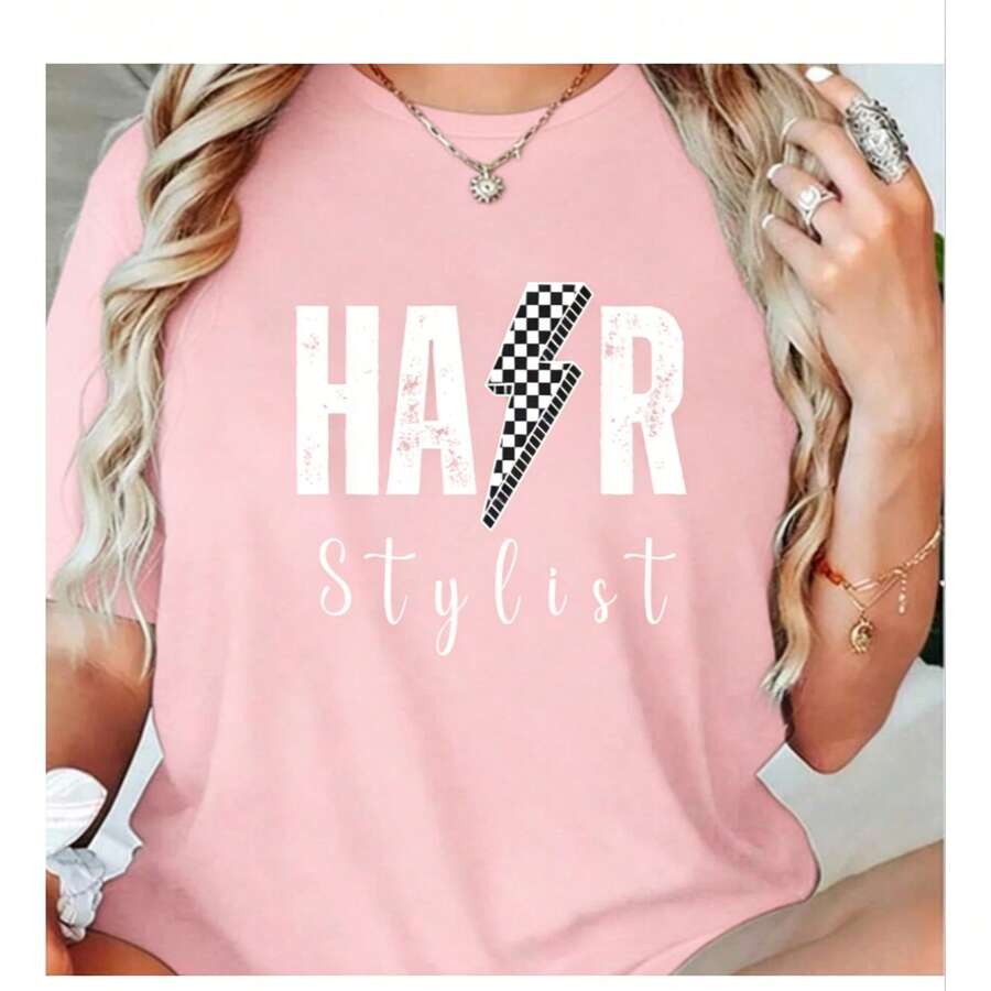 100% Comfortable Cotton Hairdresser Hairstylists Hairstyling Beautician Hair Salon-Shirt - 粉色 - 查看 1