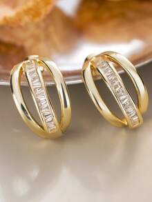 1 Pair Women's Charming Cubic Zirconia Hoop Earrings, Suitable For Wedding, Engagement, Anniversary, Party Wear, Valentine's Day Gift - Yellow Gold - View 4